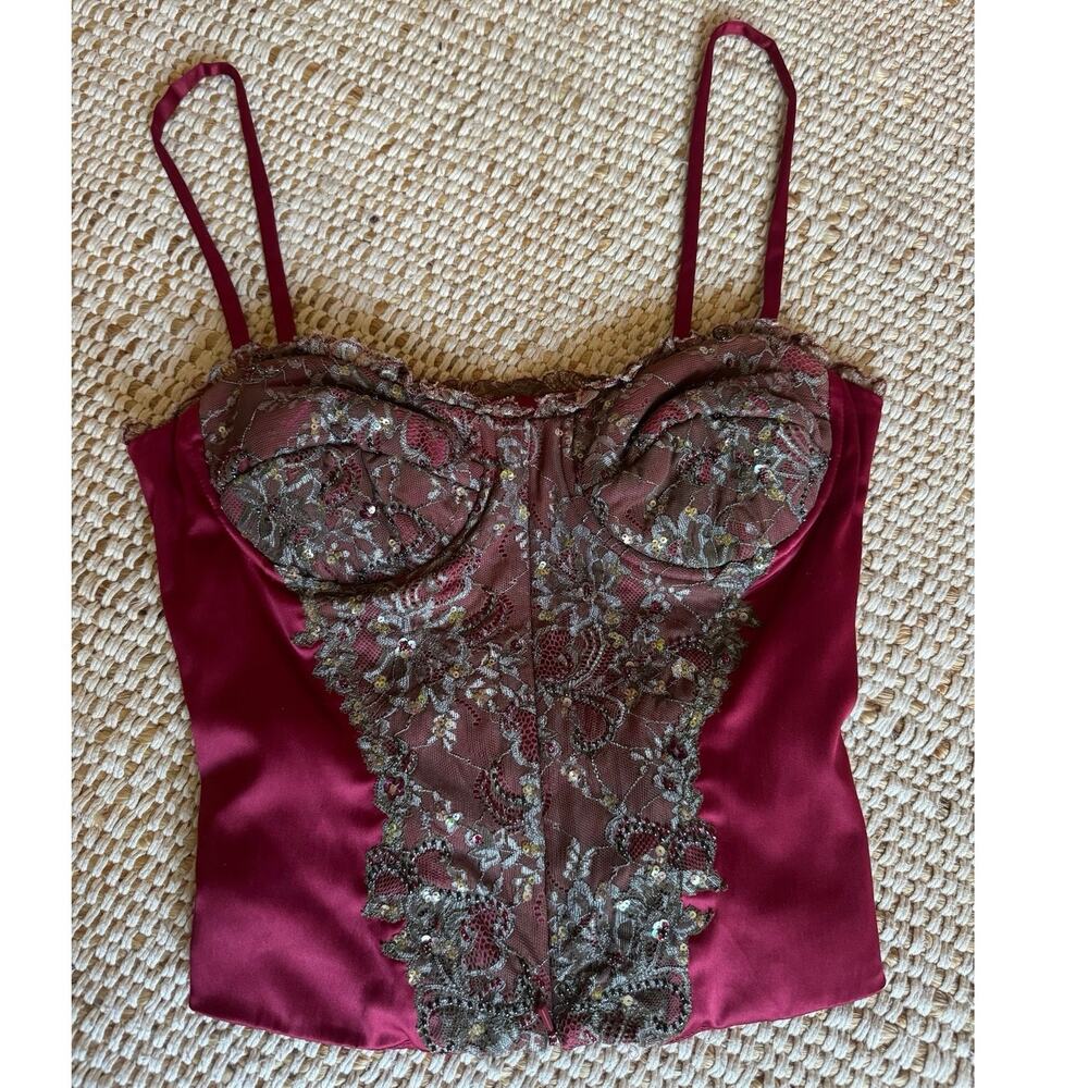 VTG Mandalay Burgundy Lace Sequin Beaded Ruffle Corset Top Size Front Zip Y2K 6 - Picture 4 of 8
